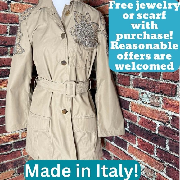 Blumarine Tan Trench Coat with Embroidery - Picture 1 of 10